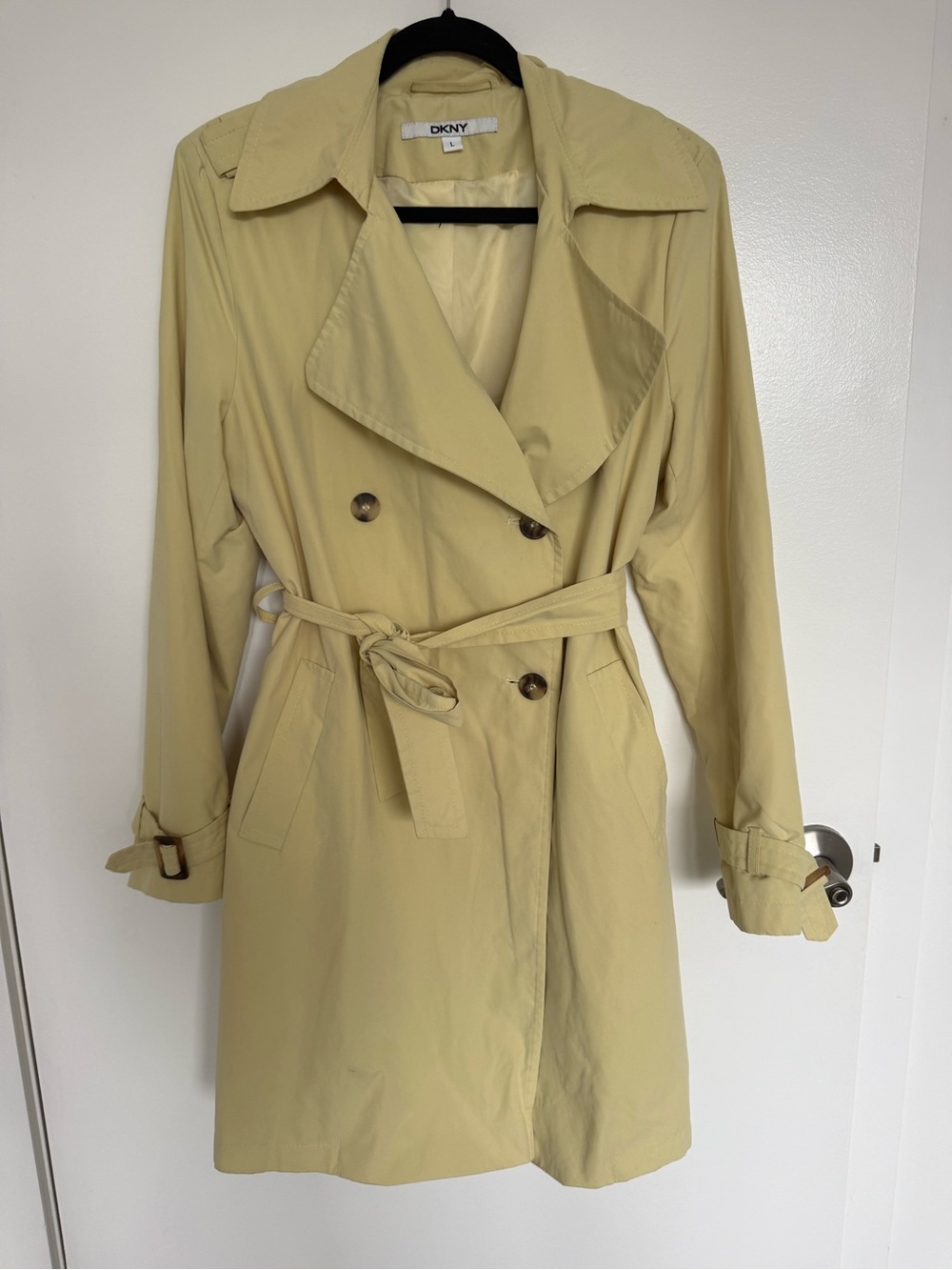 DKNY Pale Yellow Double-Breasted Trench Coat with Belt